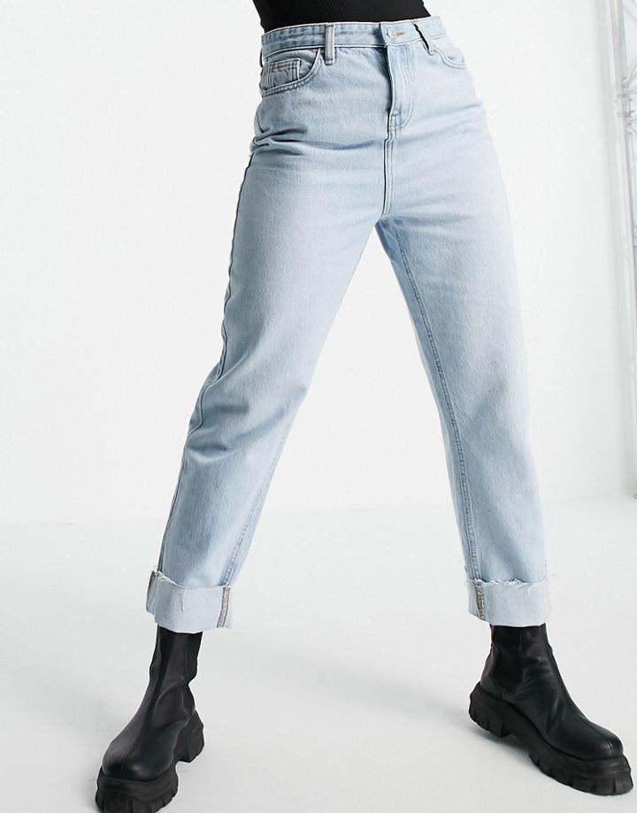 Urban Bliss Relaxed Straight Leg Jeans With Turn Up In Bleach Wash-blues