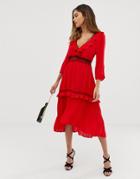 Liquorish Pleated Midi Dress With Contrast Lace Inserts And Ruffle Detail-red