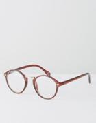 Asos Round Clear Lens Glasses With Nose Bar - Brown