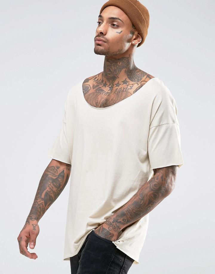 Asos Oversized Longline T-shirt With Raw Scoop Neck In Beige - Beige