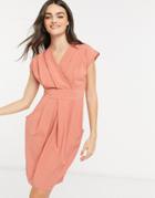 Closet London Pleated Wrap Dress With Pockets In Taupe-brown
