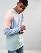Asos Longline Long Sleeve T-shirt With Pastel Panelling In Heavy Jersey - Multi