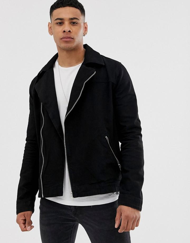 Asos Design Denim Biker Jacket In Black - Black