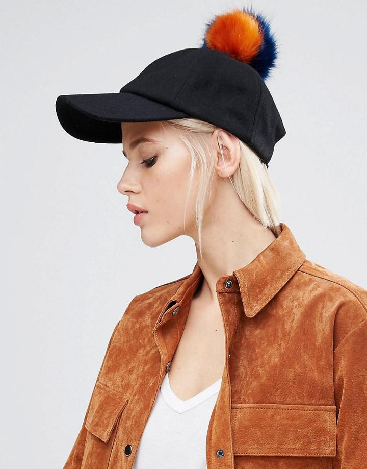 Asos Wool Cap With Faux Fur Multi Pom - Black