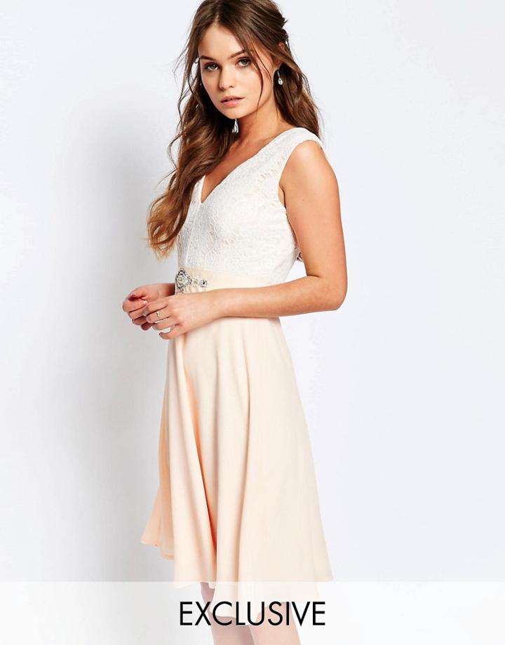 Elise Ryan Midi Dress With Lace Bodice And Embellished Waist