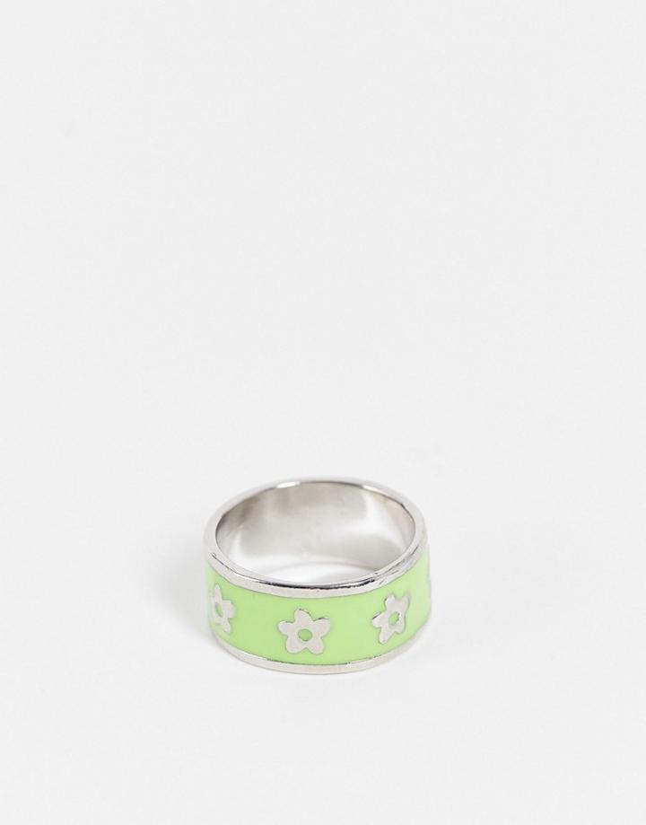 Asos Design Band Ring With Green Enamel Flower Design In Silver Tone