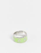 Asos Design Band Ring With Green Enamel Flower Design In Silver Tone