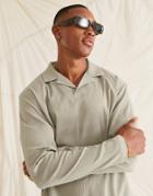 Asos Design Relaxed Long Sleeve Polo T-shirt In Khaki Crepe Fabric-green