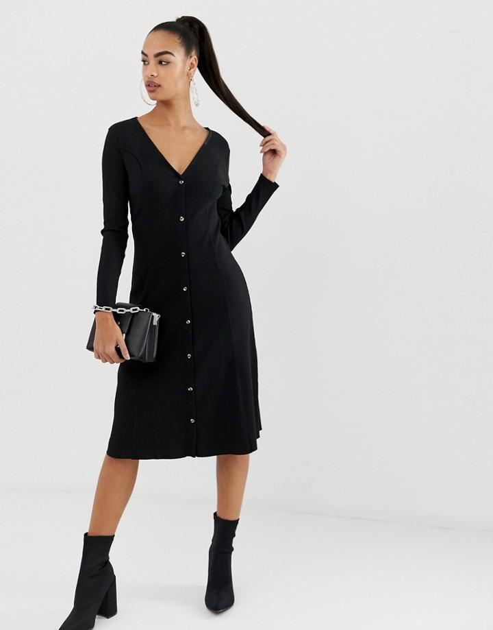 Asos Design Button Through Rib Midi Tea Dress-black