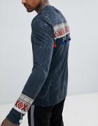 Asos Design Longline Long Sleeve T-shirt With Back And Cuff Geo-tribal Taping-gray
