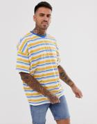 Asos Design Oversized Stripe T-shirt With Contrast Neck In Slub Fabric - Yellow