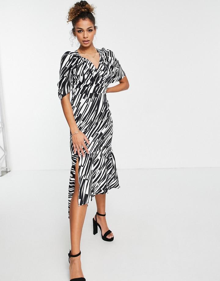 Liquorish Midi Dress With Peplum Hem In Zebra Print-black