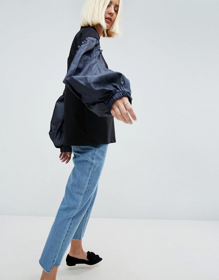 Asos White Jersey Top With Woven Puff Sleeves - Black