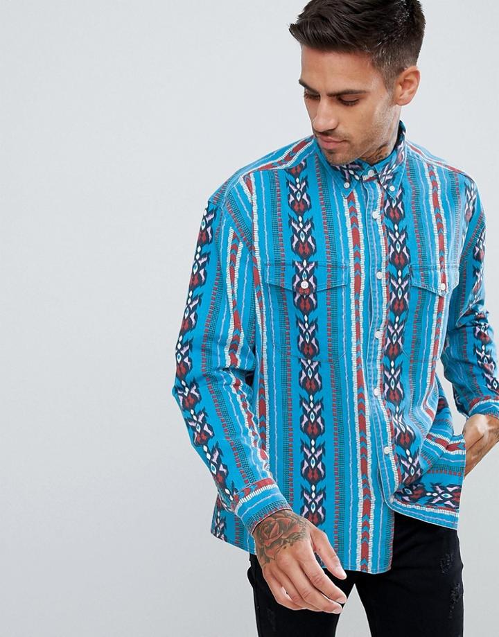 Asos Design Regular Fit Western Shirt In Geo-tribal Print-blue