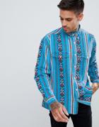 Asos Design Regular Fit Western Shirt In Geo-tribal Print-blue