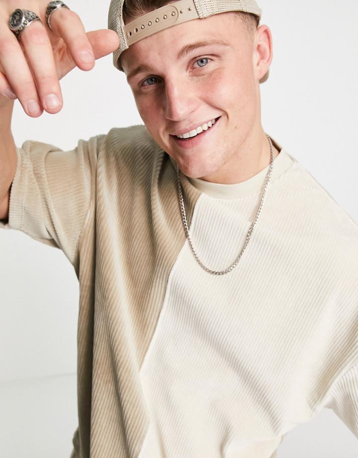 Asos Design Oversized T-shirt In Ecru & Beige Ribbed Velour Cord-multi