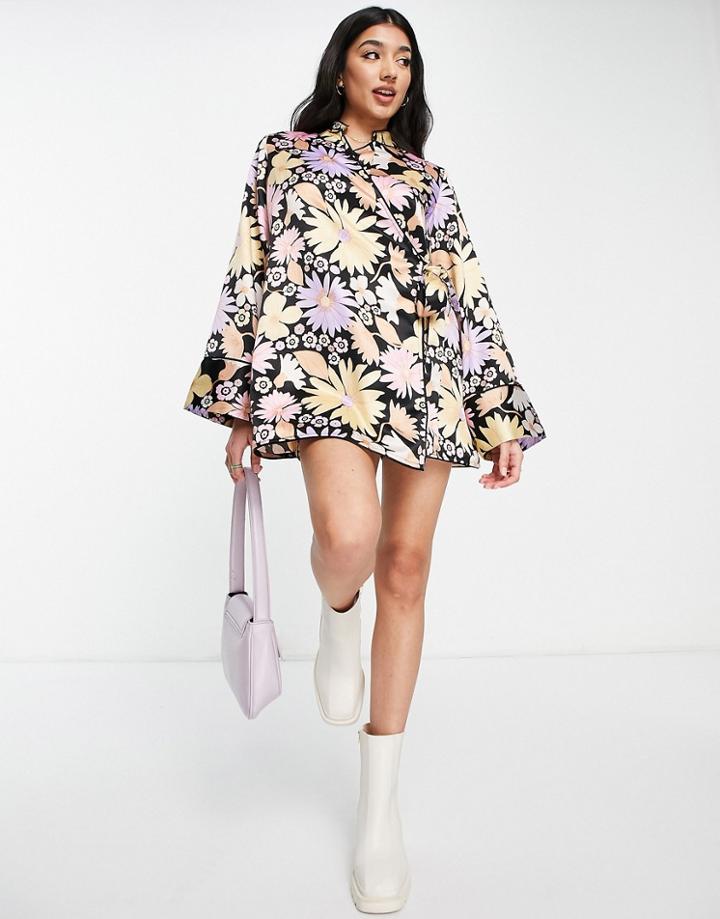 Asos Design Satin 60s Collar Wrap Romper In Retro Pink Floral Print-multi