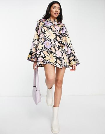 Asos Design Satin 60s Collar Wrap Romper In Retro Pink Floral Print-multi