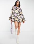 Asos Design Satin 60s Collar Wrap Romper In Retro Pink Floral Print-multi