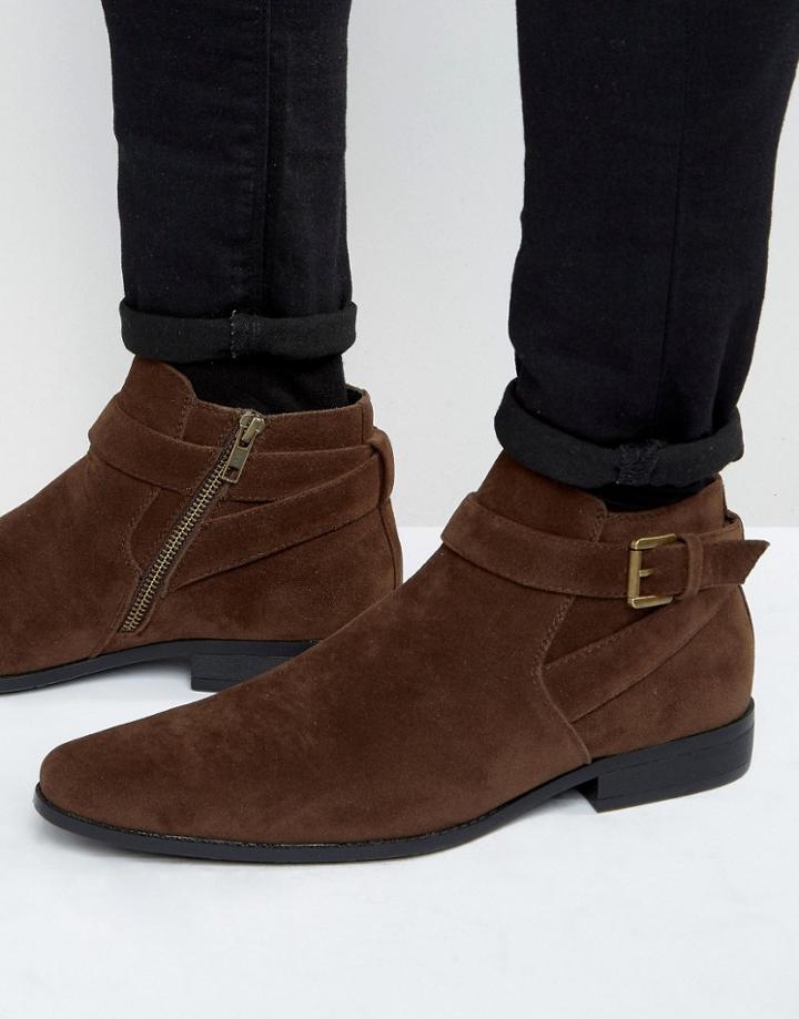 Asos Chelsea Boots In Brown Faux Suede With Strap Detail - Brown