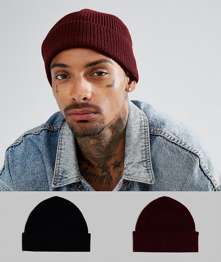 Asos Fisherman Beanie 2 Pack In Black & Burgundy Save - Black