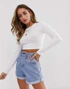 Asos Design Crew Neck Rib Long Sleeve Super Crop T-shirt In White