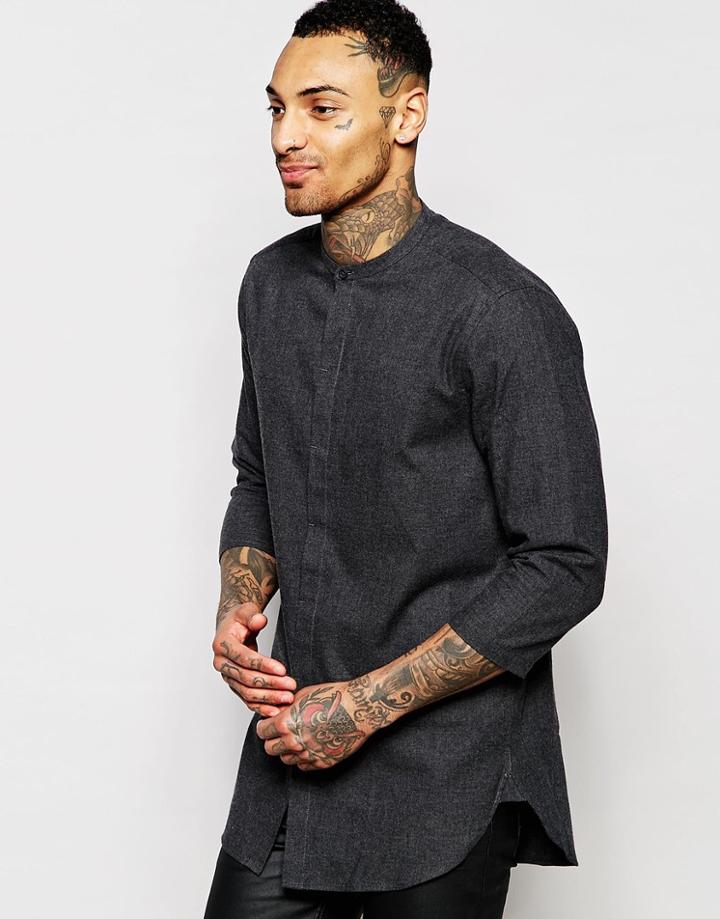 Asos Collarless Shirt In Grey Twill In Regular Fit - Charcoal