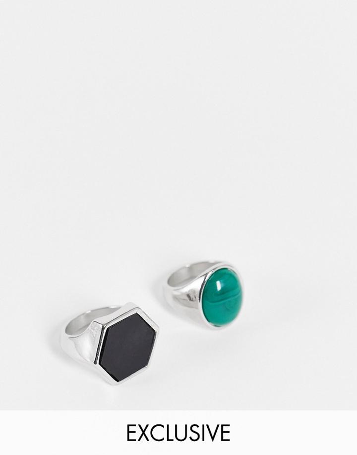 Reclaimed Vintage Inspired Rings With Ornate Stones In Silver 2 Pack