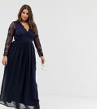 Club L Plus Bridesmaid Long Sleeve Crochet Detail Maxi Dress - Navy