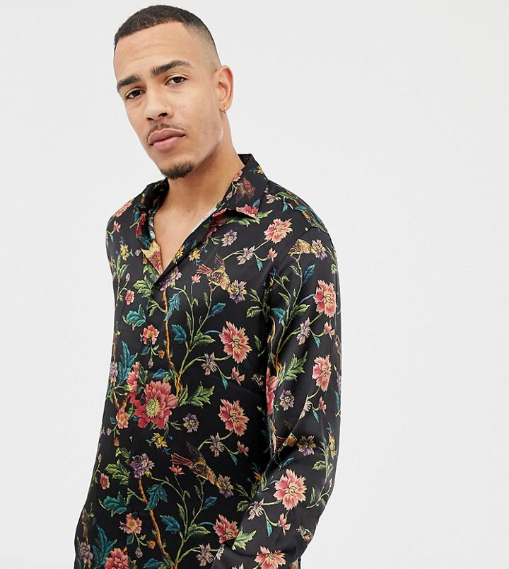 Asos Design Tall Regular Fit Floral Satin Shirt In Black - Black