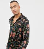 Asos Design Tall Regular Fit Floral Satin Shirt In Black - Black