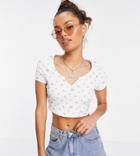 Asos Design Petite Notch Front T-shirt In White Floral