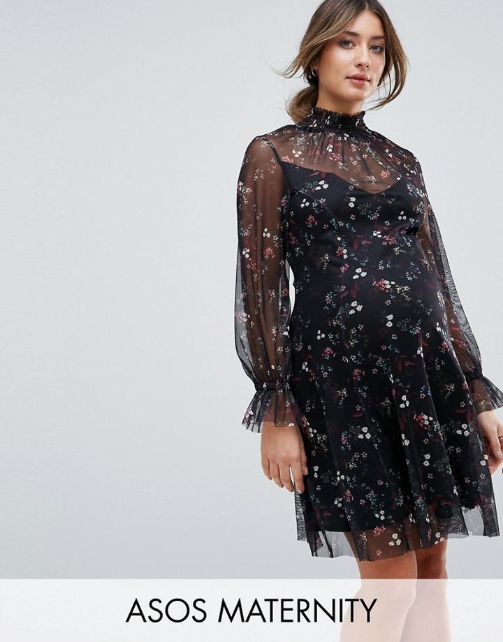 Asos Maternity Printed Mesh Swing Dress With Shirred Neck - Multi