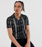 Asos Design Tall Polo With All Over Paisley Print And Revere Collar - Black
