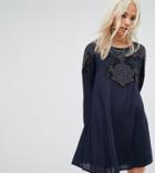 Religion Smock Dress With Scoop Tie Back And Beaded Embellishment - Blue
