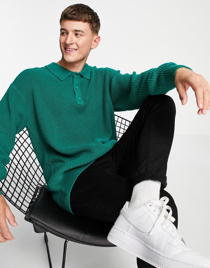 Topman Oversized Long Sleeve Knitted Polo In Green