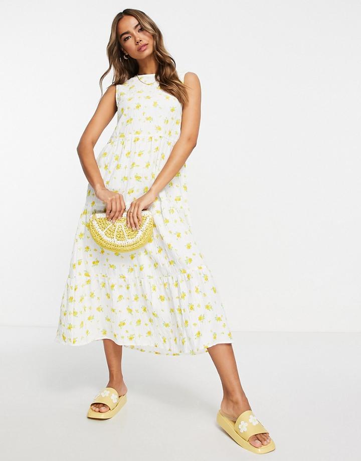 Influence Tie Back Tiered Midi Dress In Textured Floral Print-multi