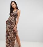 Asos Design Tall Bias Cut Leopard Print Cami Maxi Dress With Drape Neck-multi