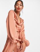 Asos Design Coordinating Long Sleeve Blouse With Strap Detail And Cowl Back-pink
