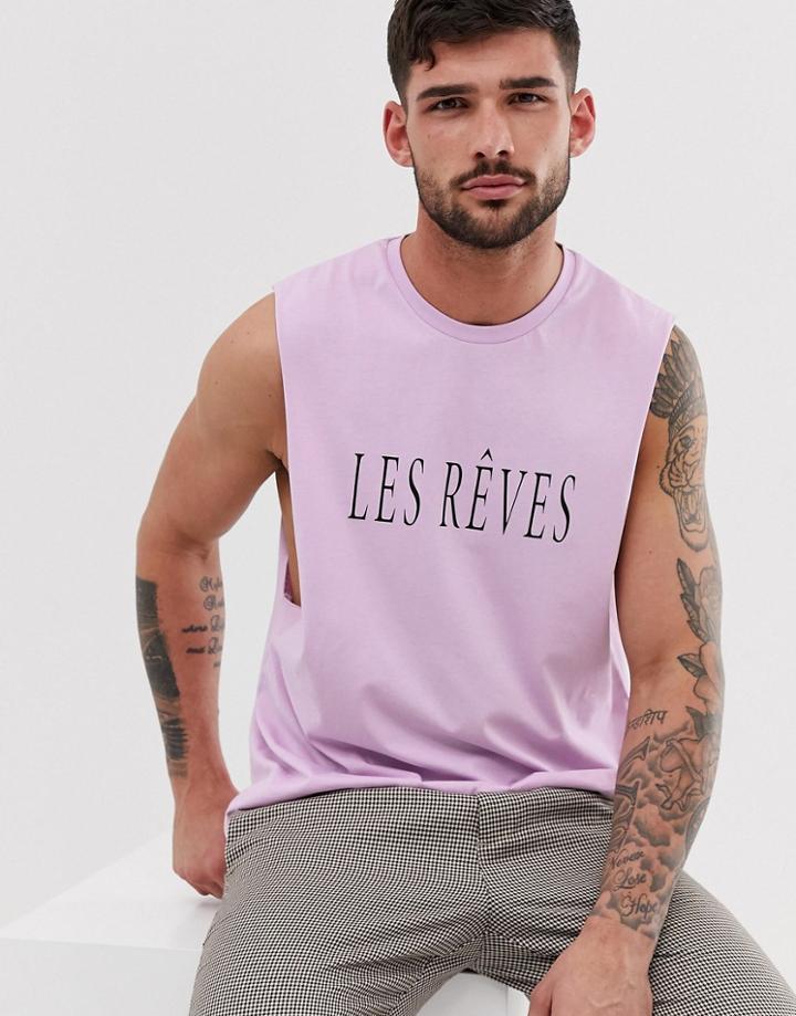 Asos Design Sleeveless T-shirt With Dropped Armhole And Text Print-purple
