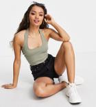 Asos Design Petite Square Halter Neck Crop Top In Olive-green