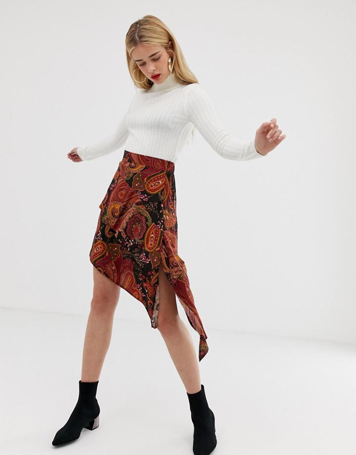 Stradivarius Asymmetric Skirt In Paisley Print - Orange