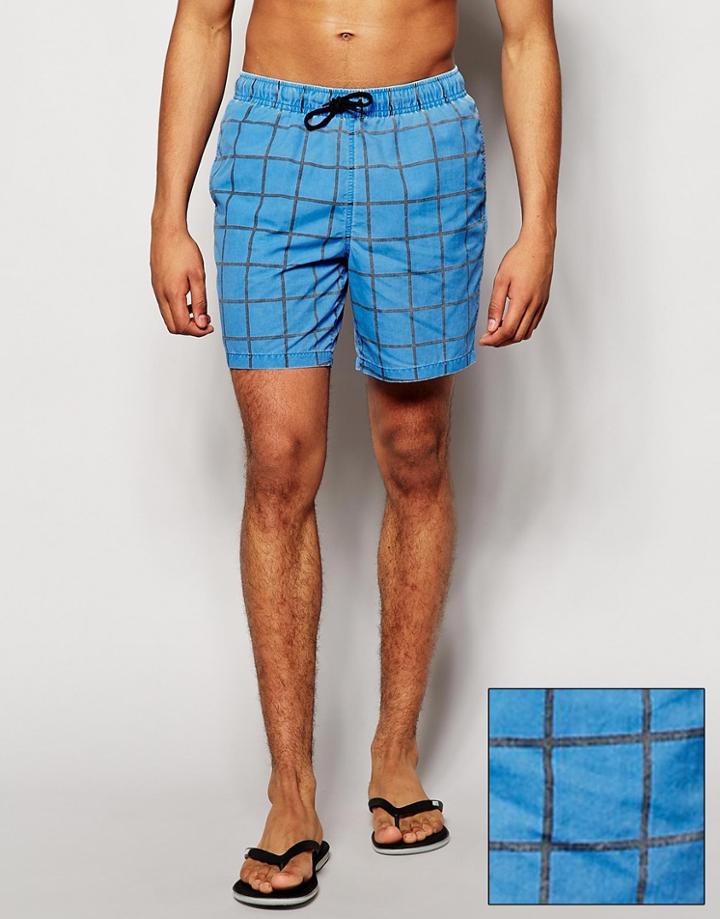 Asos Swim Shorts With Acid Wash Check In Mid Length - Neon Blue