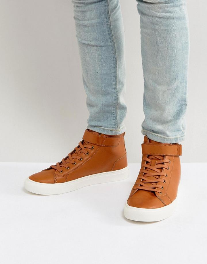 Asos High Top Sneakers In Tan With Strap - Tan