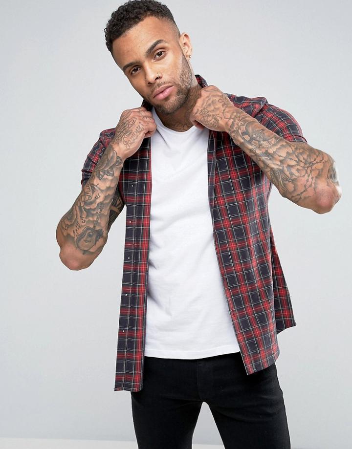 Asos Stretch Slim Plaid Check Shirt - Navy