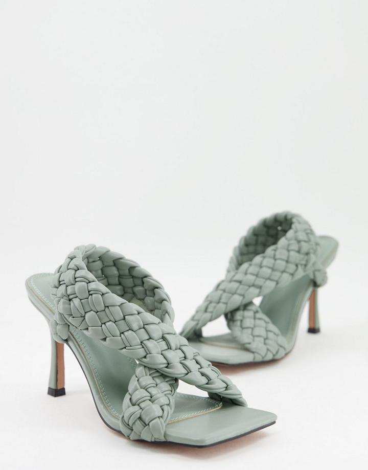 Asos Design Nock Woven Cross Strap Heeled Sandals In Sage-green