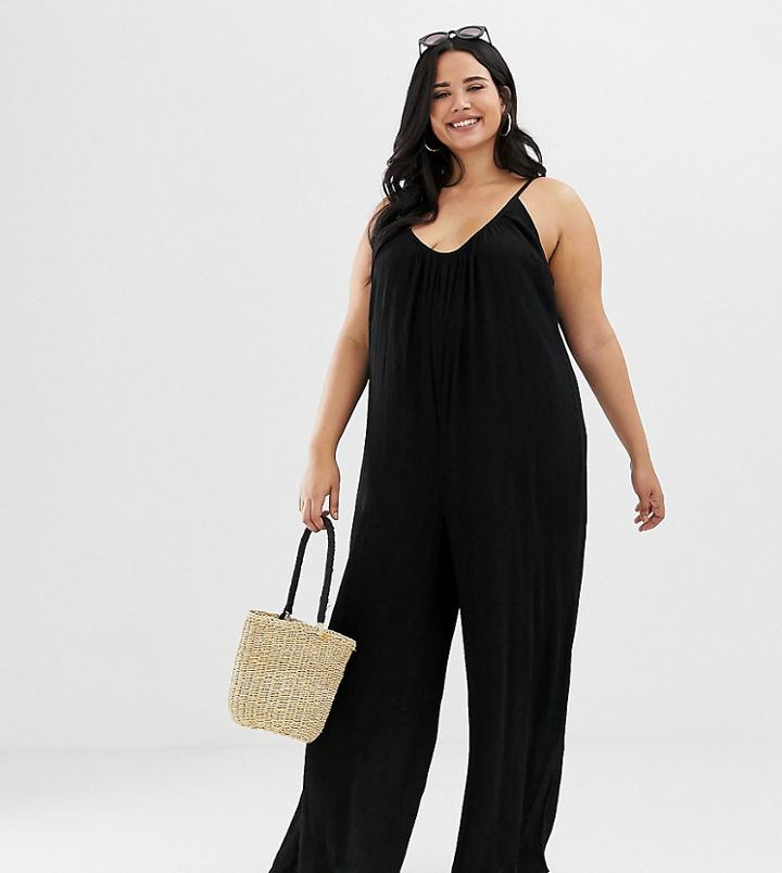 Asos Design Curve Low Back Jumpsuit In Crinkle-black