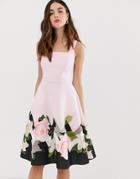 City Goddess Square Neck Skater Midi Dress With Border Print - Pink