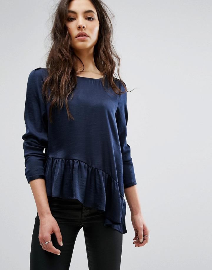 Vila Assymetric Ruffle Top - Navy