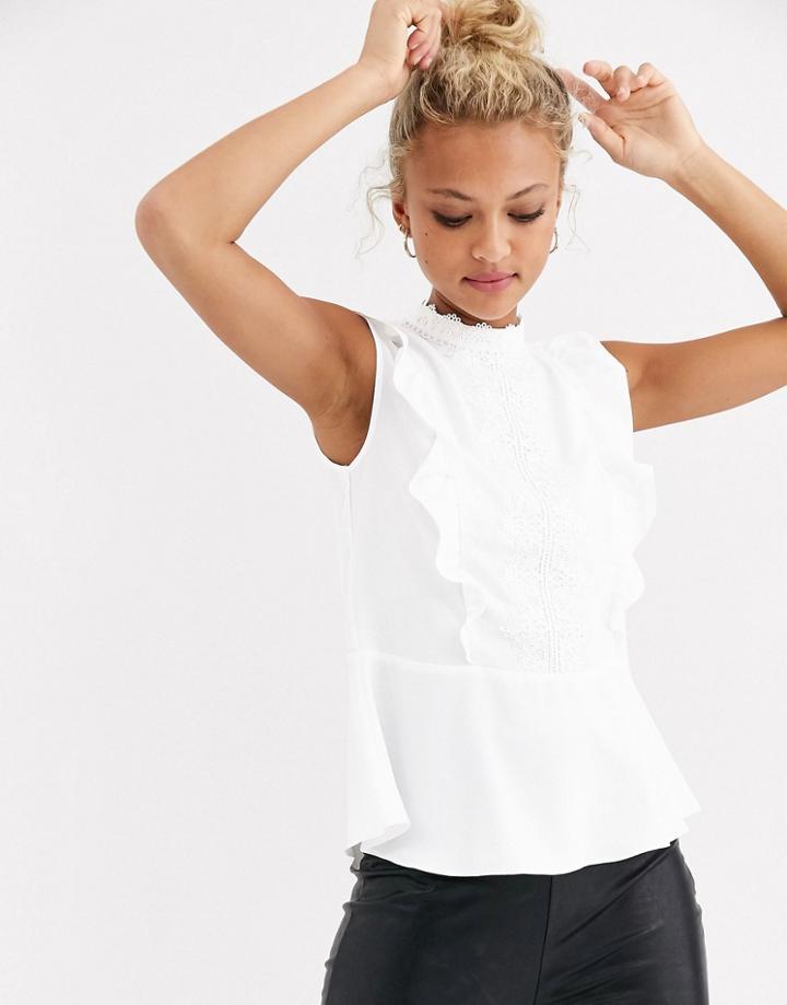 Lipsy Ruffle Lace Detail Top In White